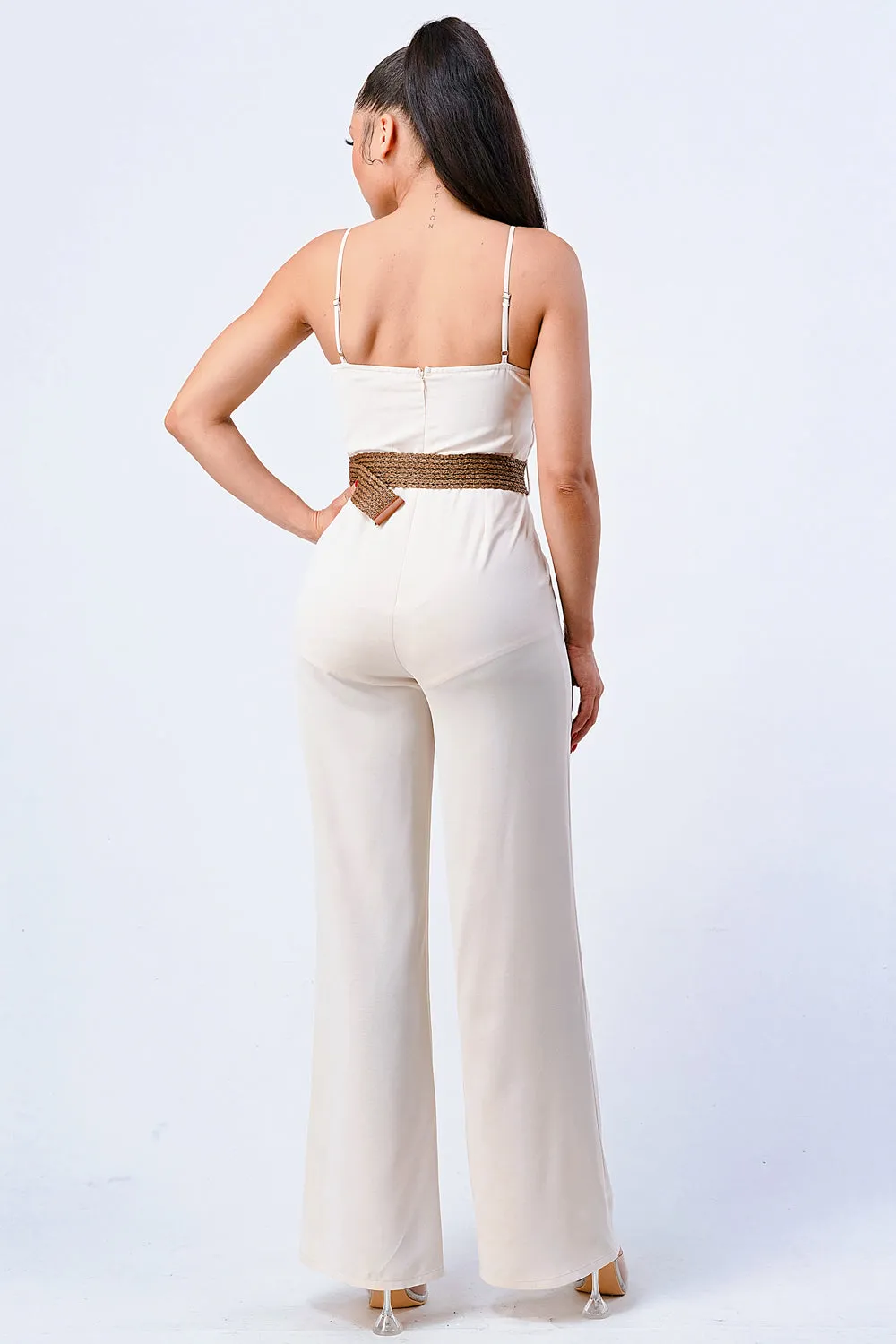 LUX STRETCH WOVEN WOODEN WAIST BELT JUMPSUIT