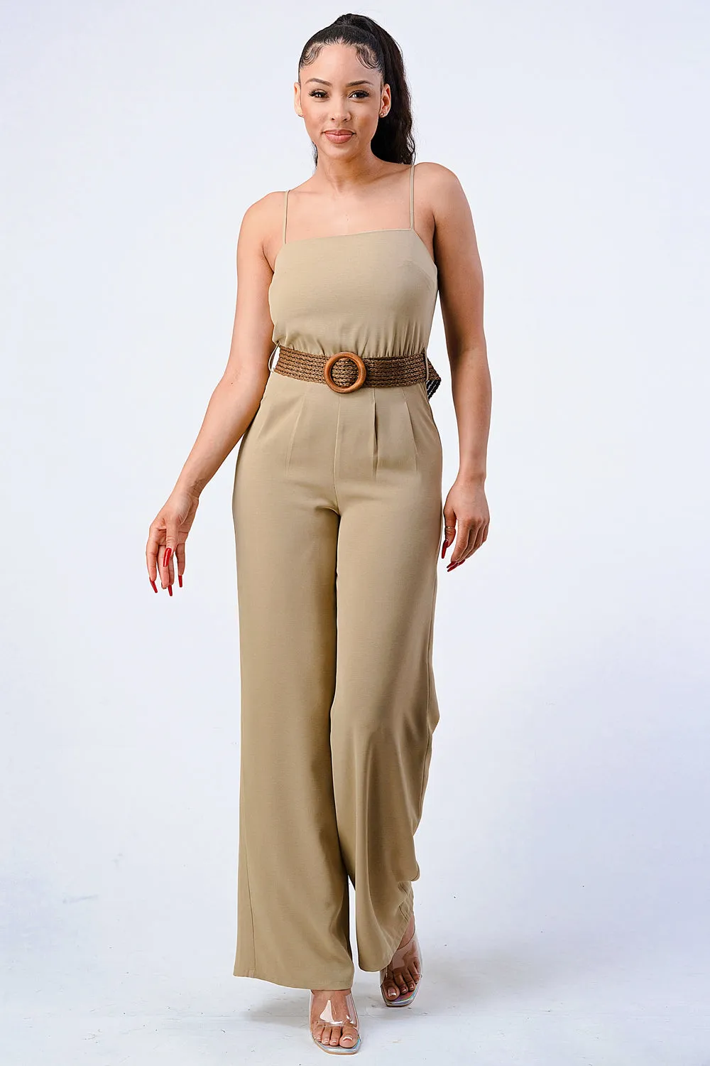 LUX STRETCH WOVEN WOODEN WAIST BELT JUMPSUIT