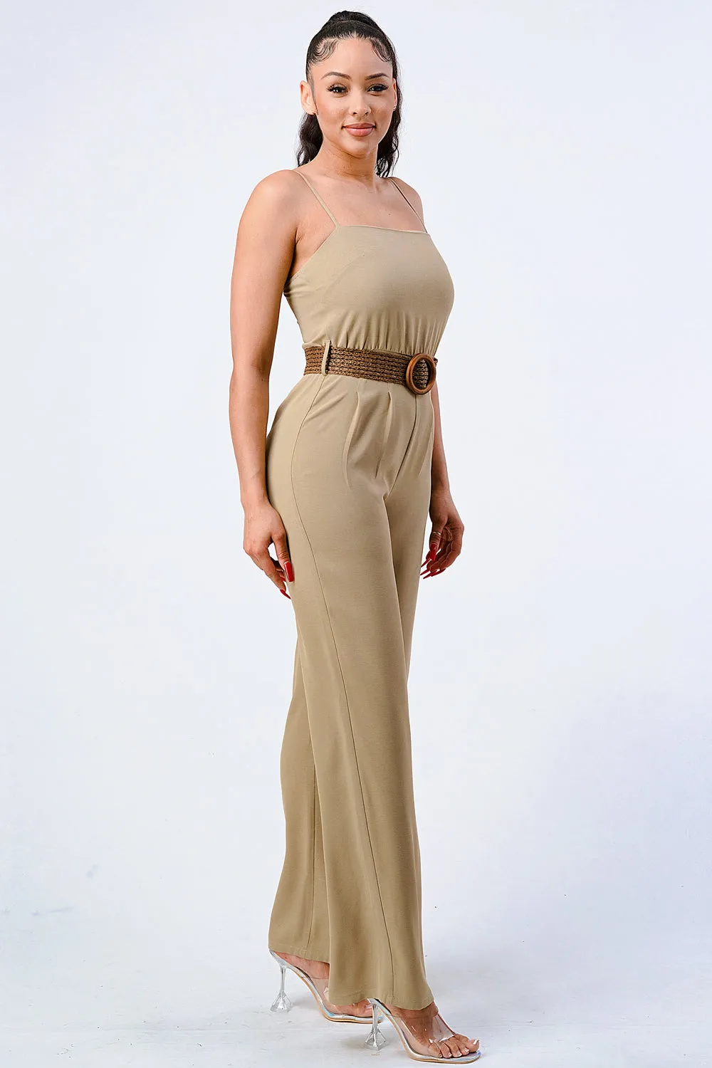 LUX STRETCH WOVEN WOODEN WAIST BELT JUMPSUIT