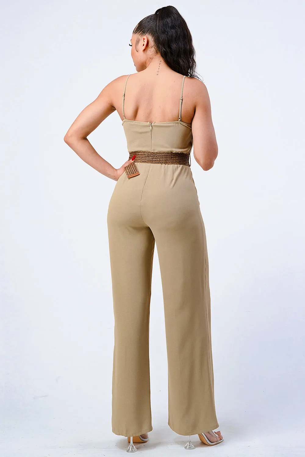 LUX STRETCH WOVEN WOODEN WAIST BELT JUMPSUIT