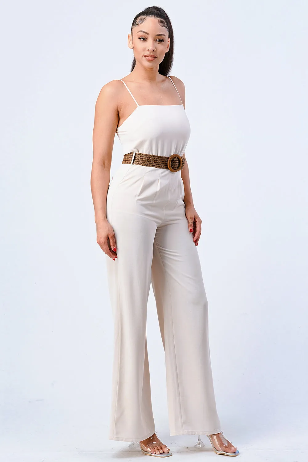 LUX STRETCH WOVEN WOODEN WAIST BELT JUMPSUIT