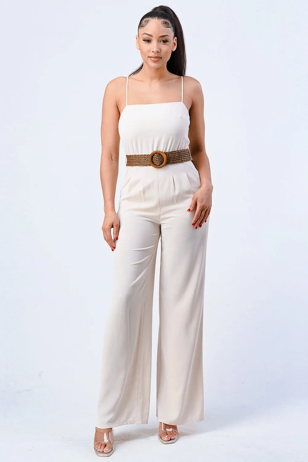 LUX STRETCH WOVEN WOODEN WAIST BELT JUMPSUIT