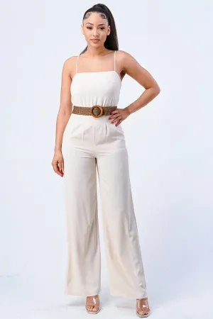 LUX STRETCH WOVEN WOODEN WAIST BELT JUMPSUIT