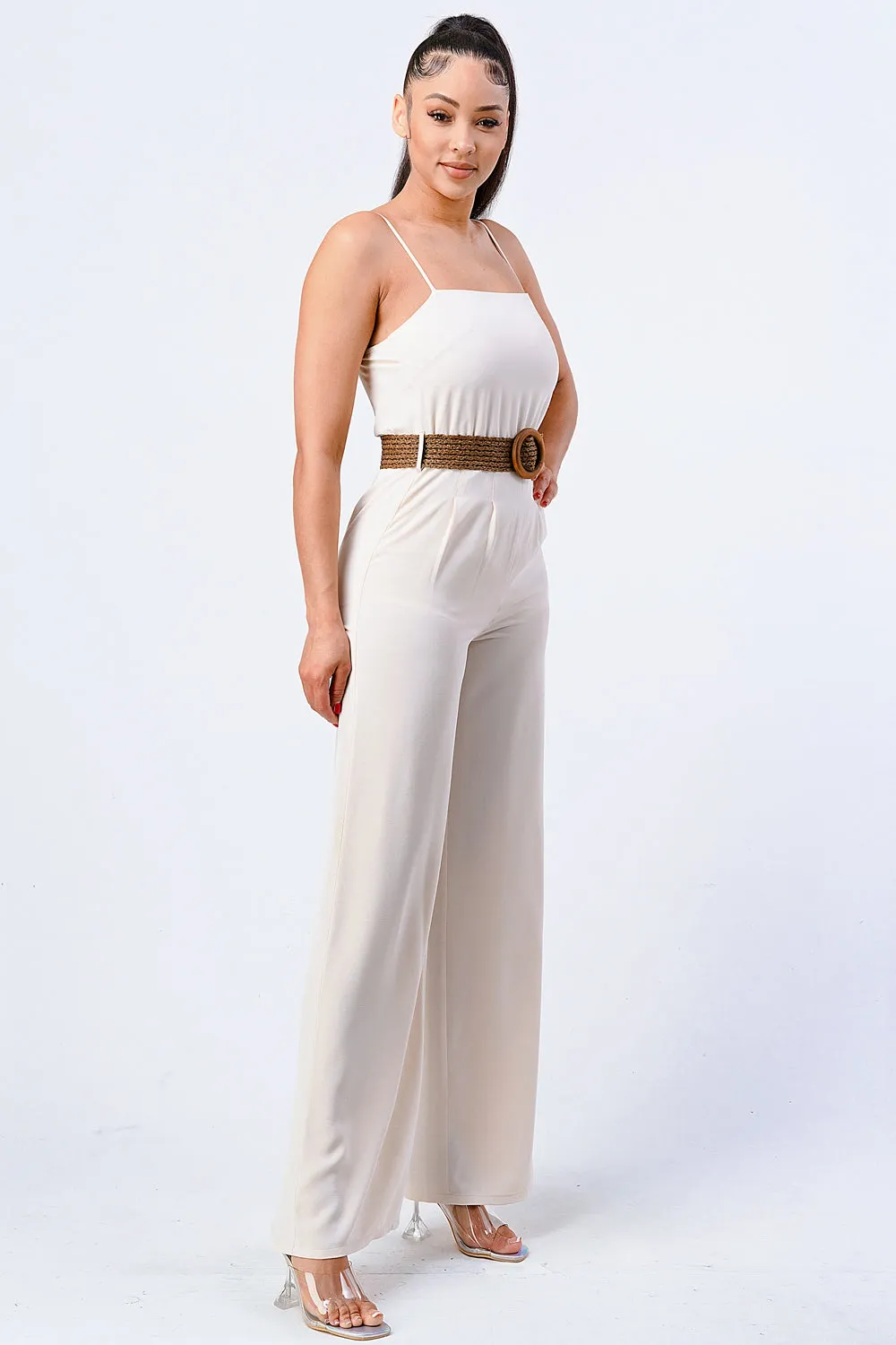 LUX STRETCH WOVEN WOODEN WAIST BELT JUMPSUIT