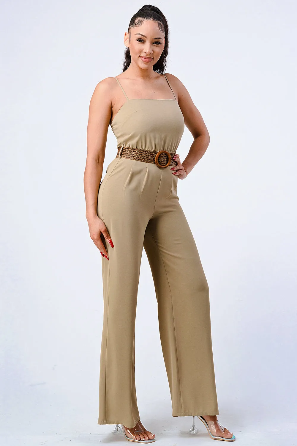 LUX STRETCH WOVEN WOODEN WAIST BELT JUMPSUIT