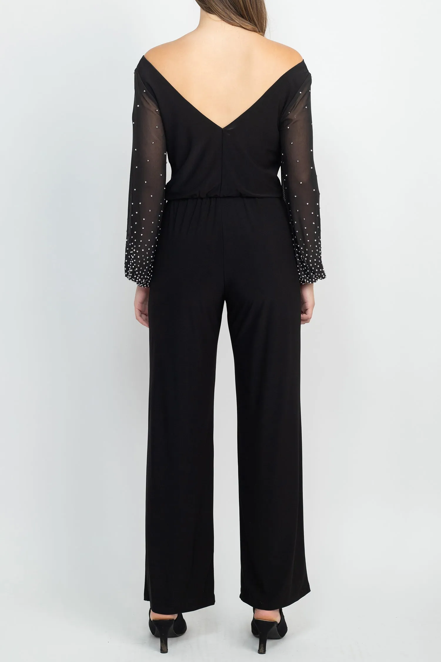 Marina Off Shoulder Embellished Chiffon Long Sleeve Blouson Solid Jersey Jumpsuit