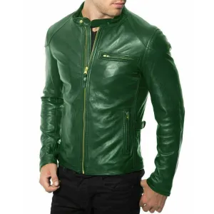 Men Biker Slim Fit Green Leather Jacket