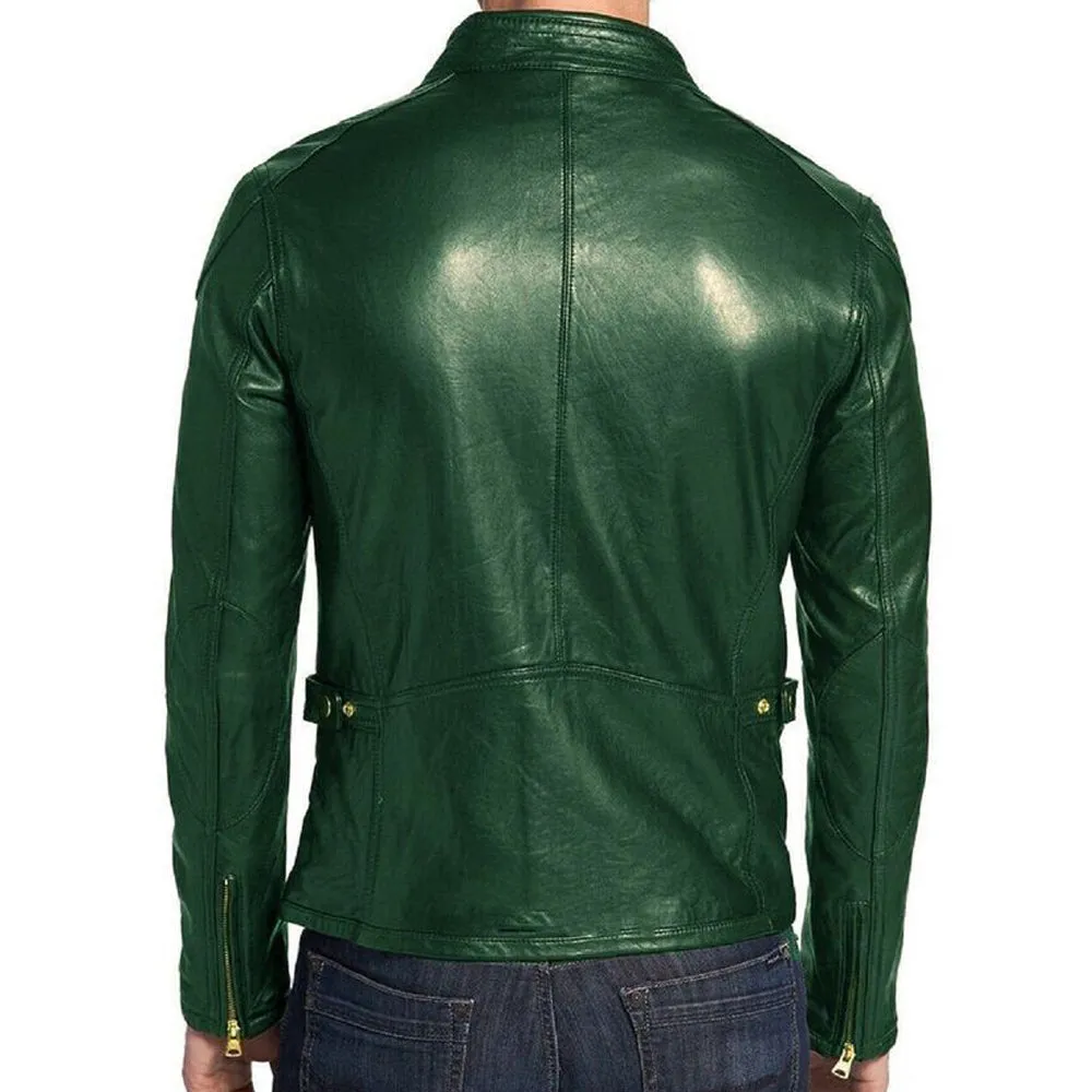 Men Biker Slim Fit Green Leather Jacket