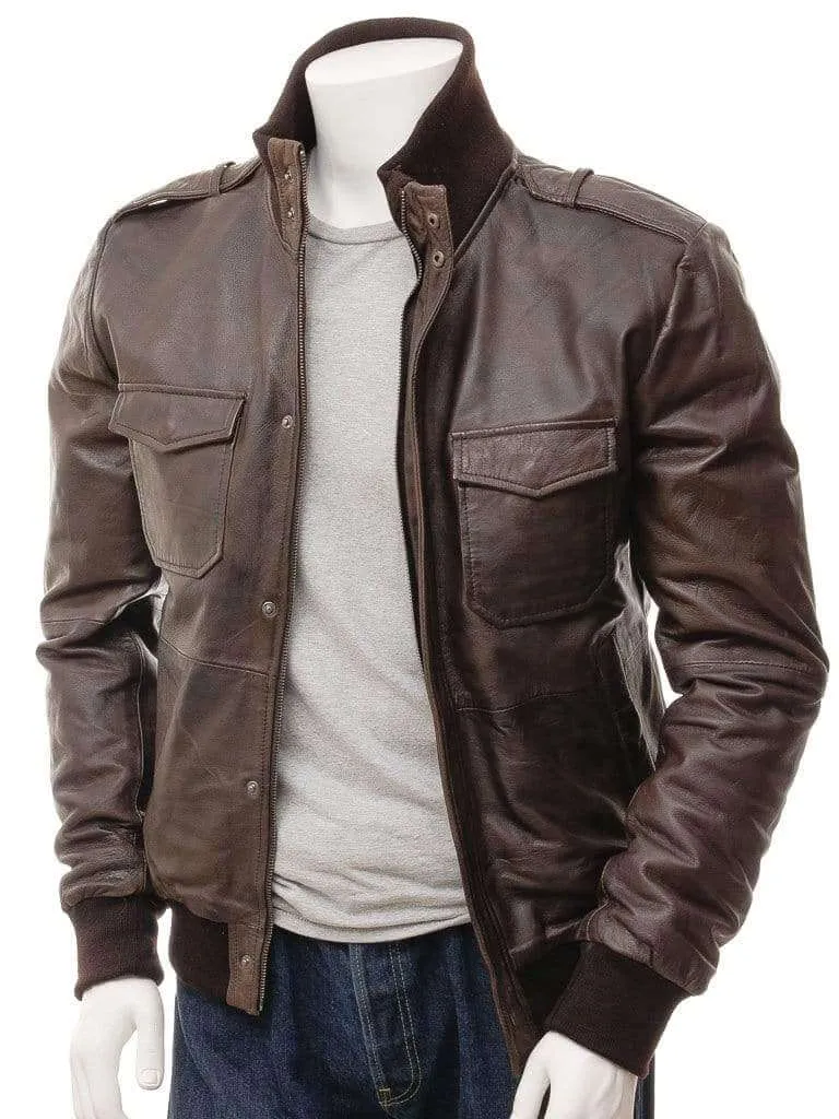 Men's Brown Bomber Leather Jacket, Zipper Closer Genuine Leather Jacket