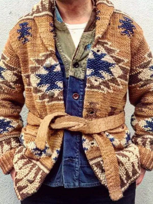 Men's Folk Pattern Knit Cardigan Sweater