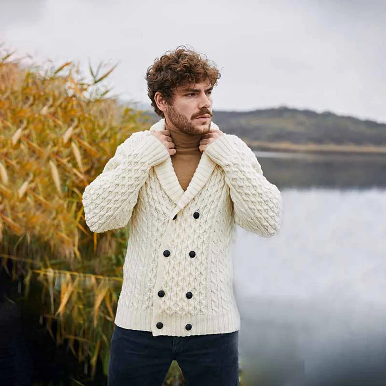 Mens Irish Aran Roll Collar Cardigan