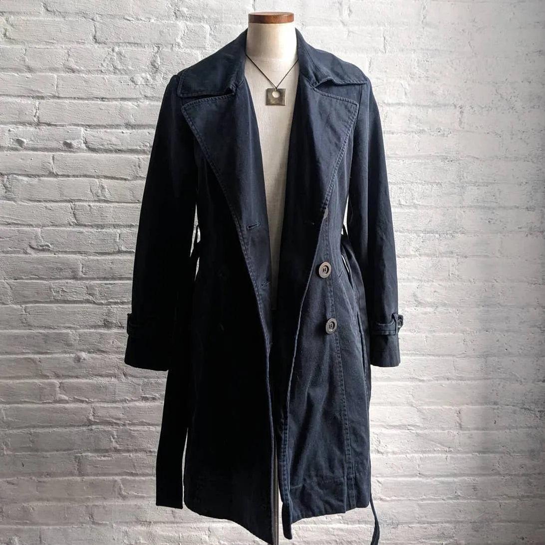 Minimalist Longline Muted Black Dark Academia Dagger Collar Belted Trench Coat