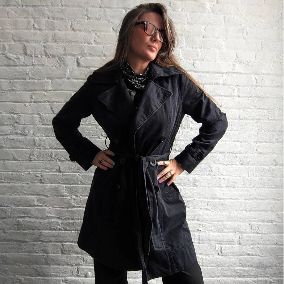 Minimalist Longline Muted Black Dark Academia Dagger Collar Belted Trench Coat