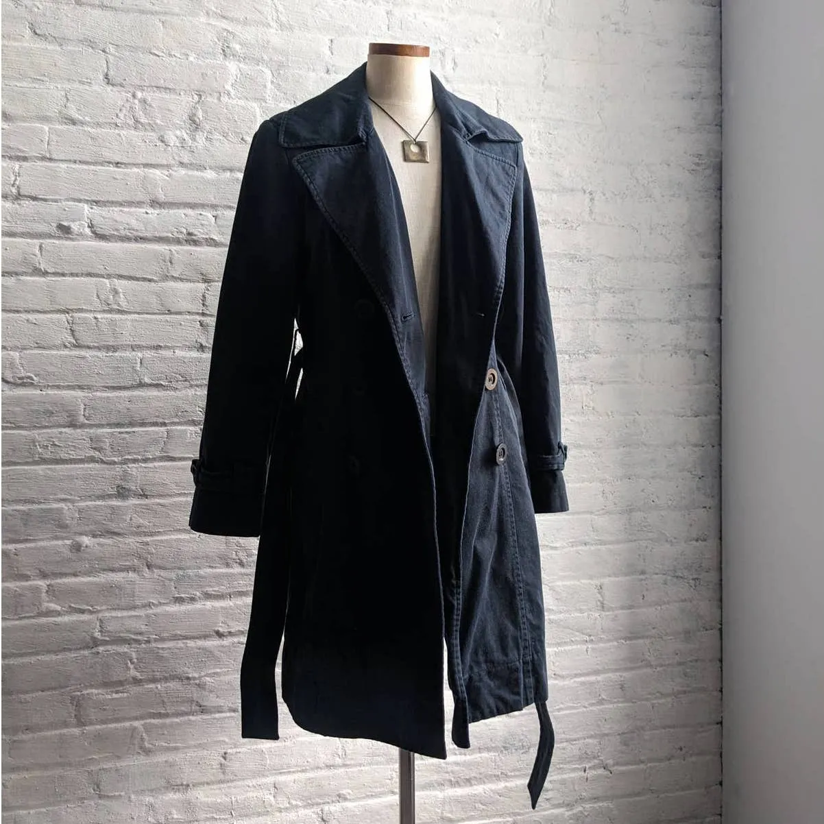 Minimalist Longline Muted Black Dark Academia Dagger Collar Belted Trench Coat