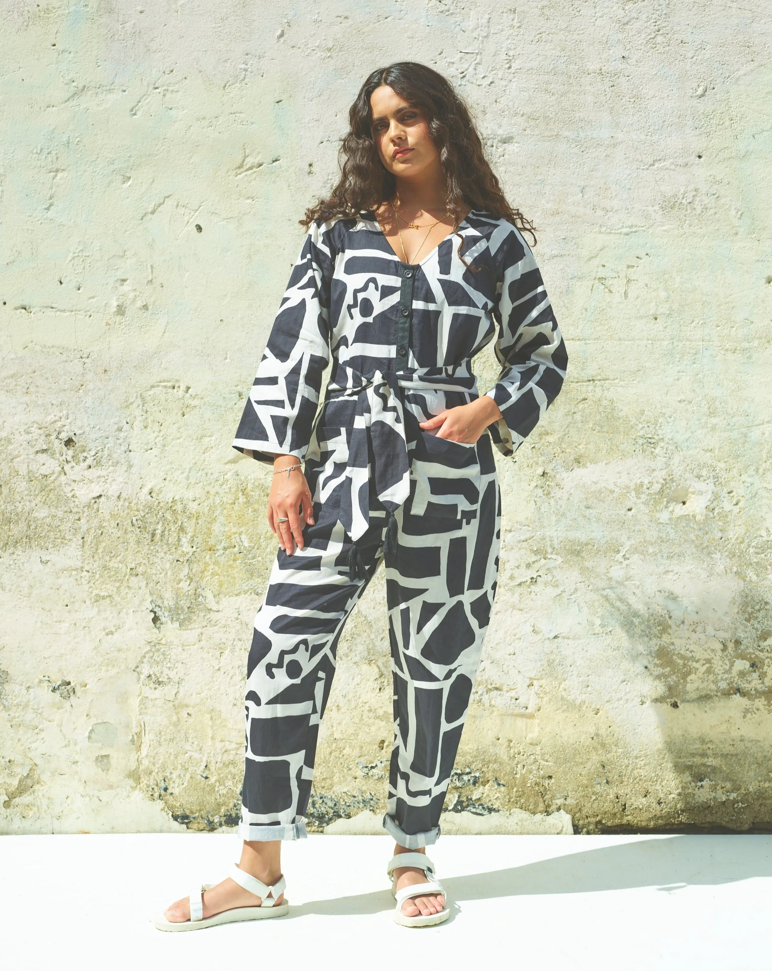 Miss PomPom B&W Pavement Long Sleeved Jumpsuit