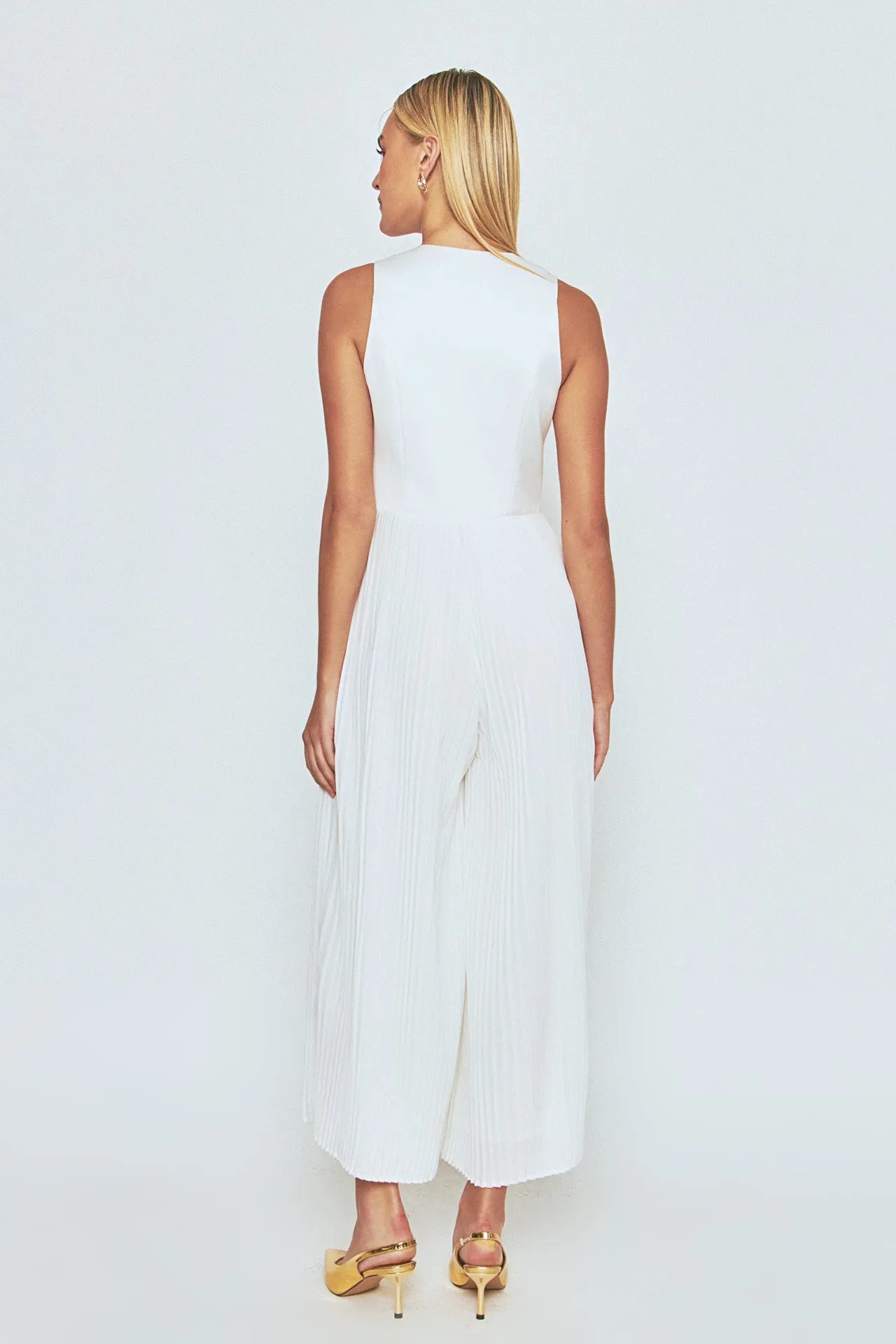 Mixed Media Vest Pleated Jumpsuit