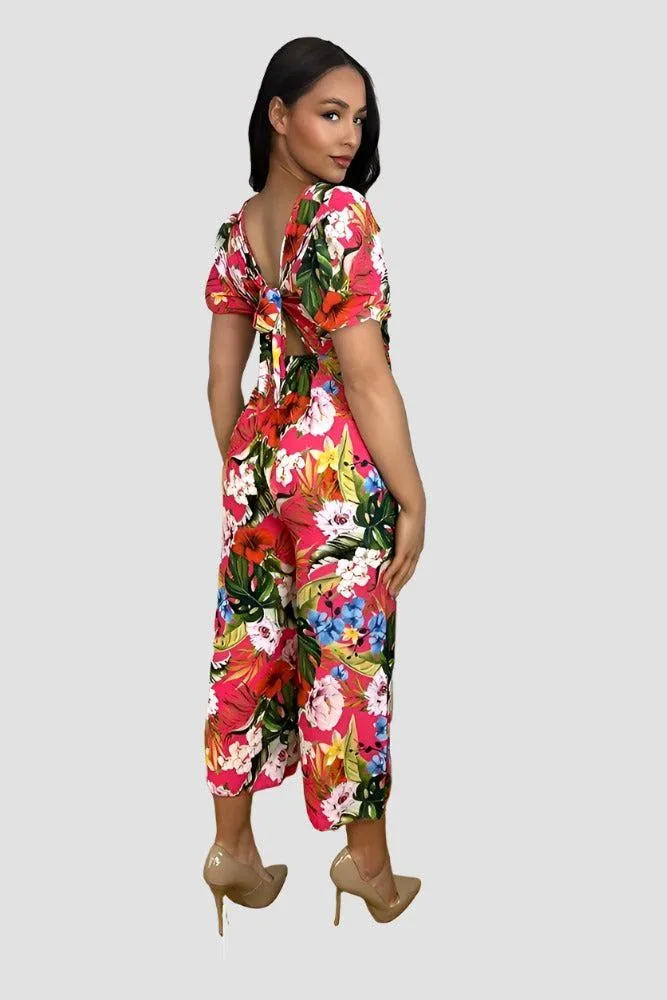 Multicolour Floral Print Deep V-Neck Cropped Leg Jumpsuit