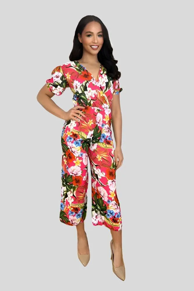 Multicolour Floral Print Deep V-Neck Cropped Leg Jumpsuit