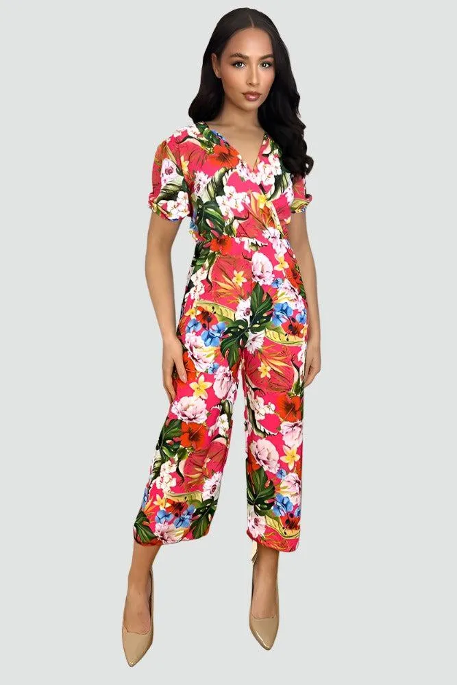 Multicolour Floral Print Deep V-Neck Cropped Leg Jumpsuit