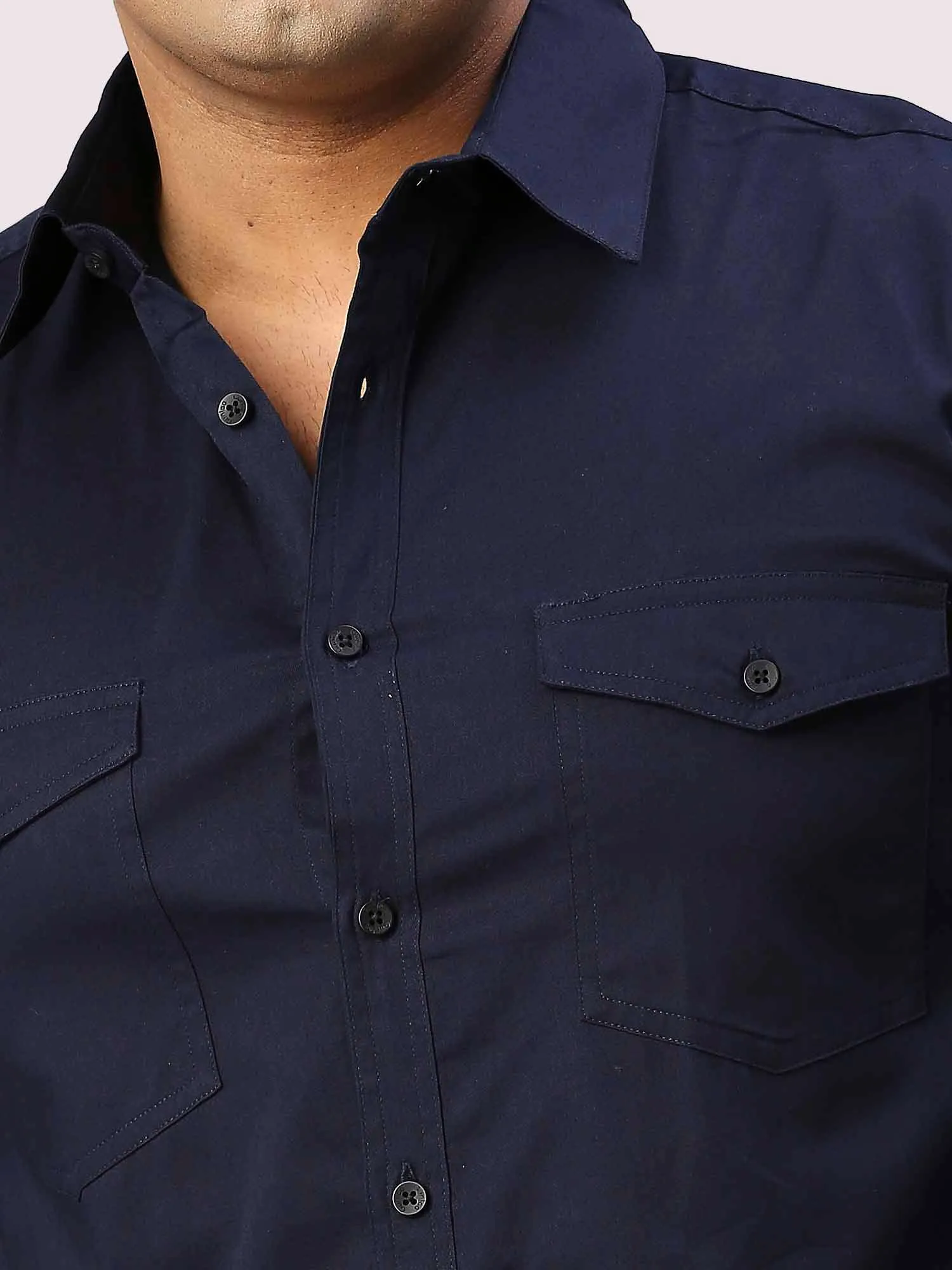 Navy Blue Solid Pure Cotton Double Pocket Full Sleeve Shirt Men's Plus Size