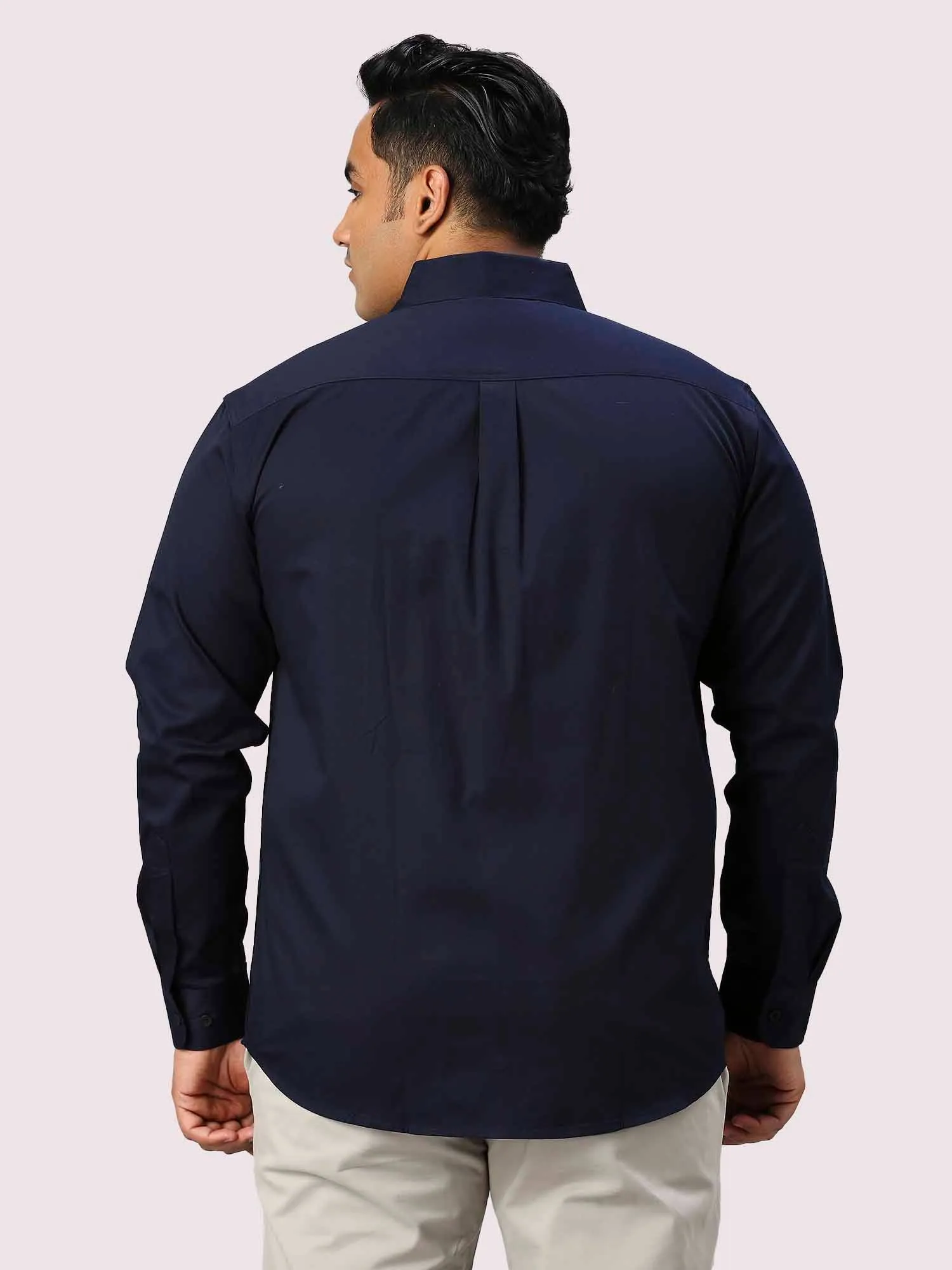 Navy Blue Solid Pure Cotton Double Pocket Full Sleeve Shirt Men's Plus Size