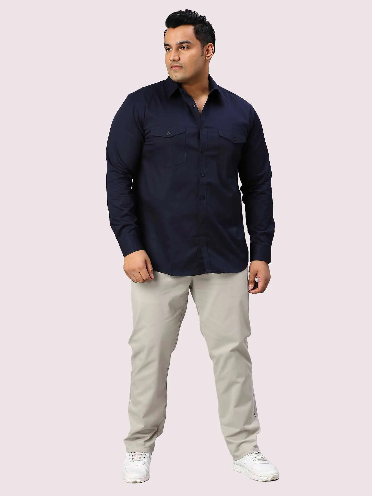 Navy Blue Solid Pure Cotton Double Pocket Full Sleeve Shirt Men's Plus Size