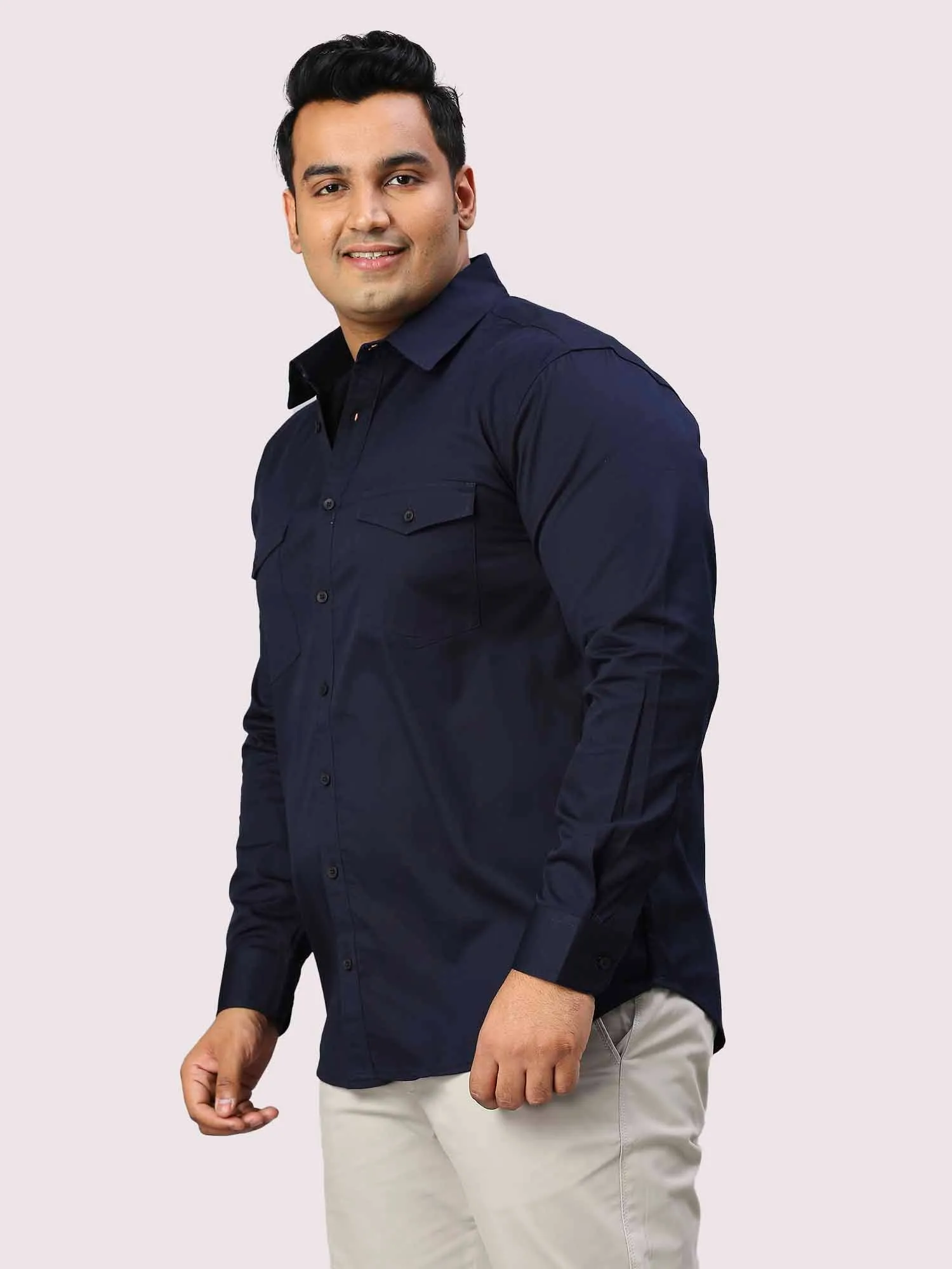 Navy Blue Solid Pure Cotton Double Pocket Full Sleeve Shirt Men's Plus Size