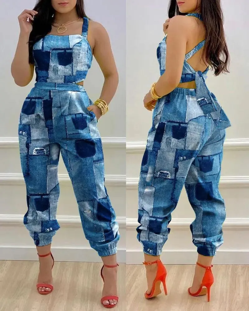 New European and American Open Back Cross Lace Up Bow Print Casual Jumpsuit