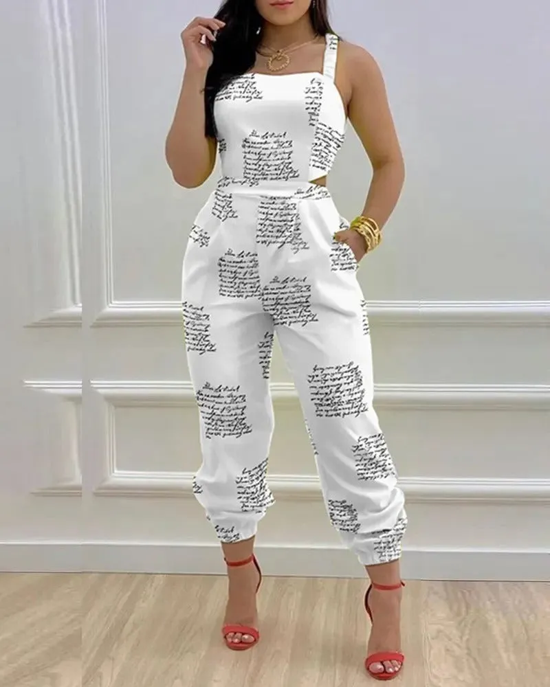 New European and American Open Back Cross Lace Up Bow Print Casual Jumpsuit