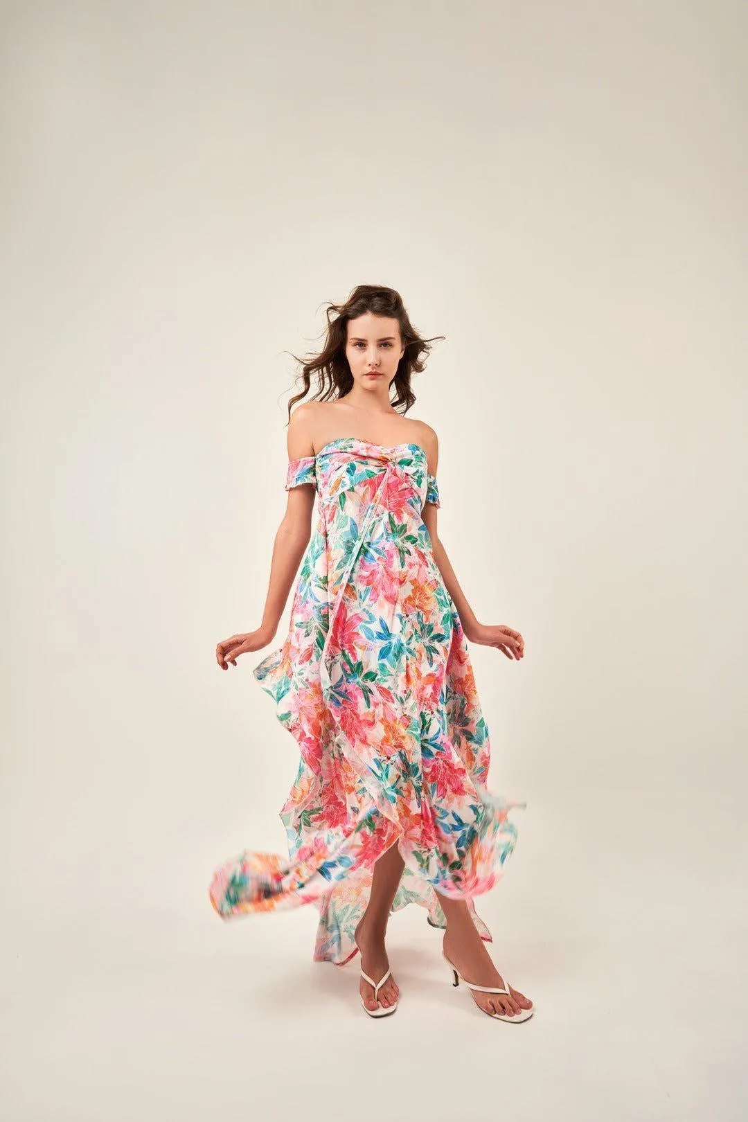 OFF-SHOULDER TROPICAL PRINT MAXI DRESS