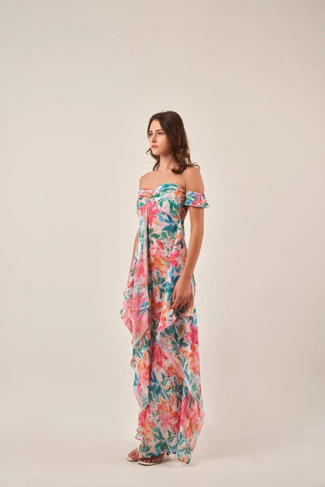 OFF-SHOULDER TROPICAL PRINT MAXI DRESS