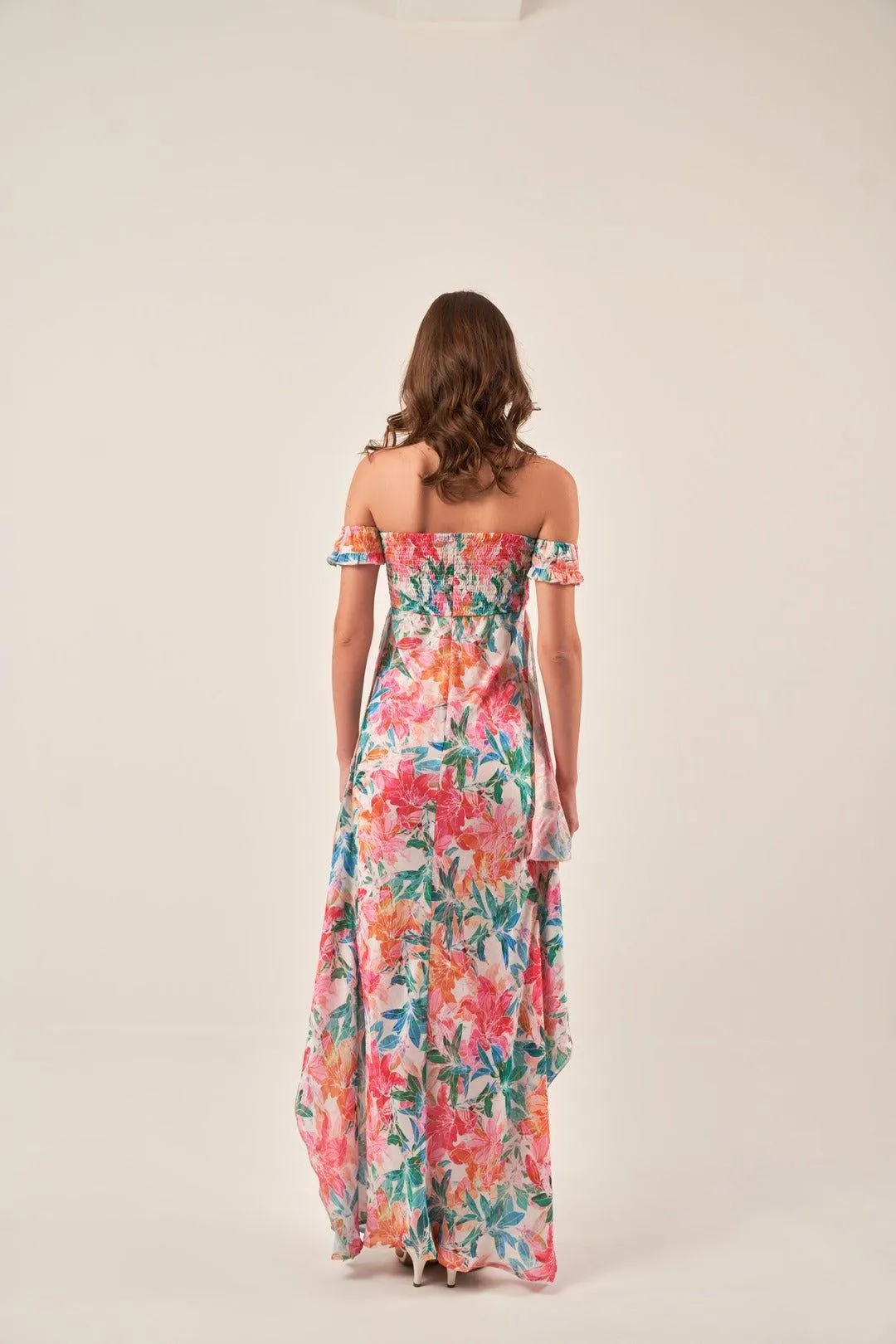 OFF-SHOULDER TROPICAL PRINT MAXI DRESS