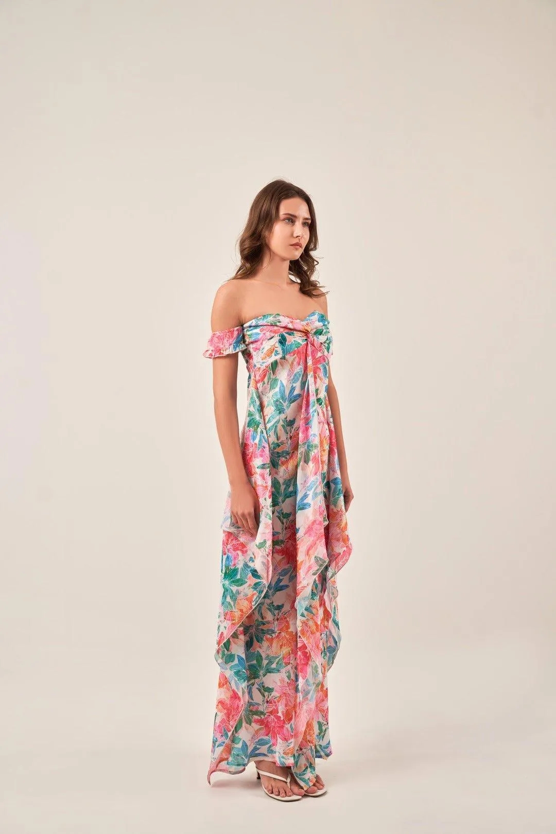 OFF-SHOULDER TROPICAL PRINT MAXI DRESS