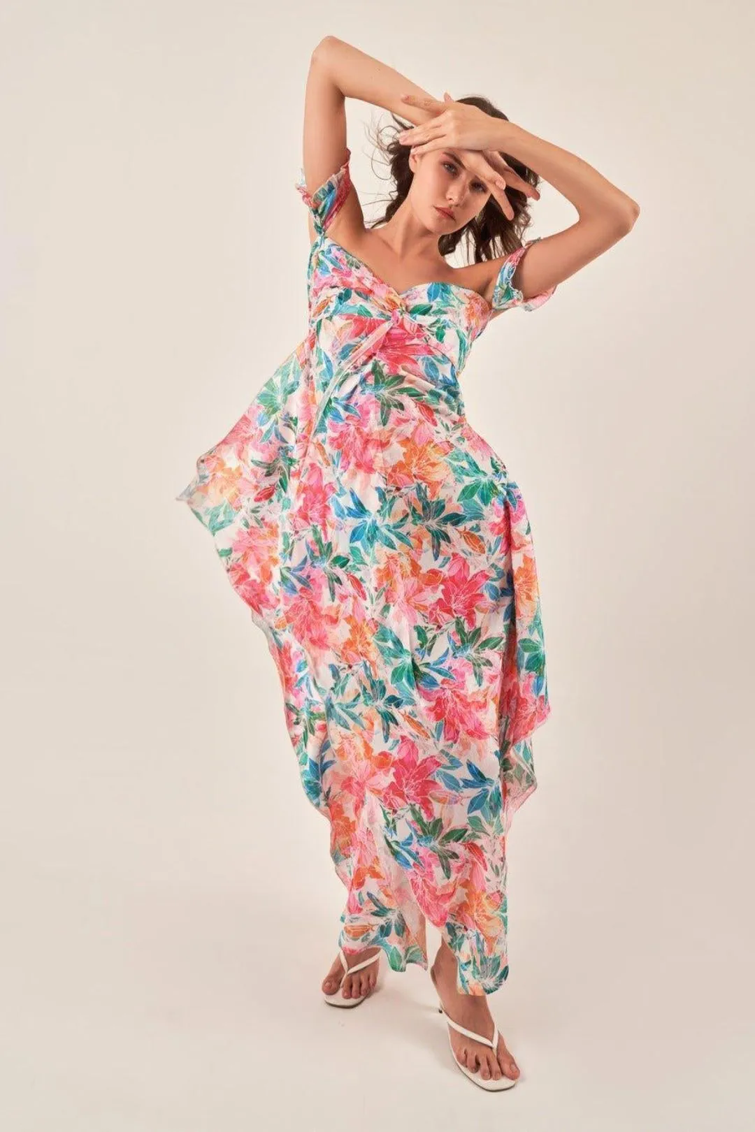 OFF-SHOULDER TROPICAL PRINT MAXI DRESS