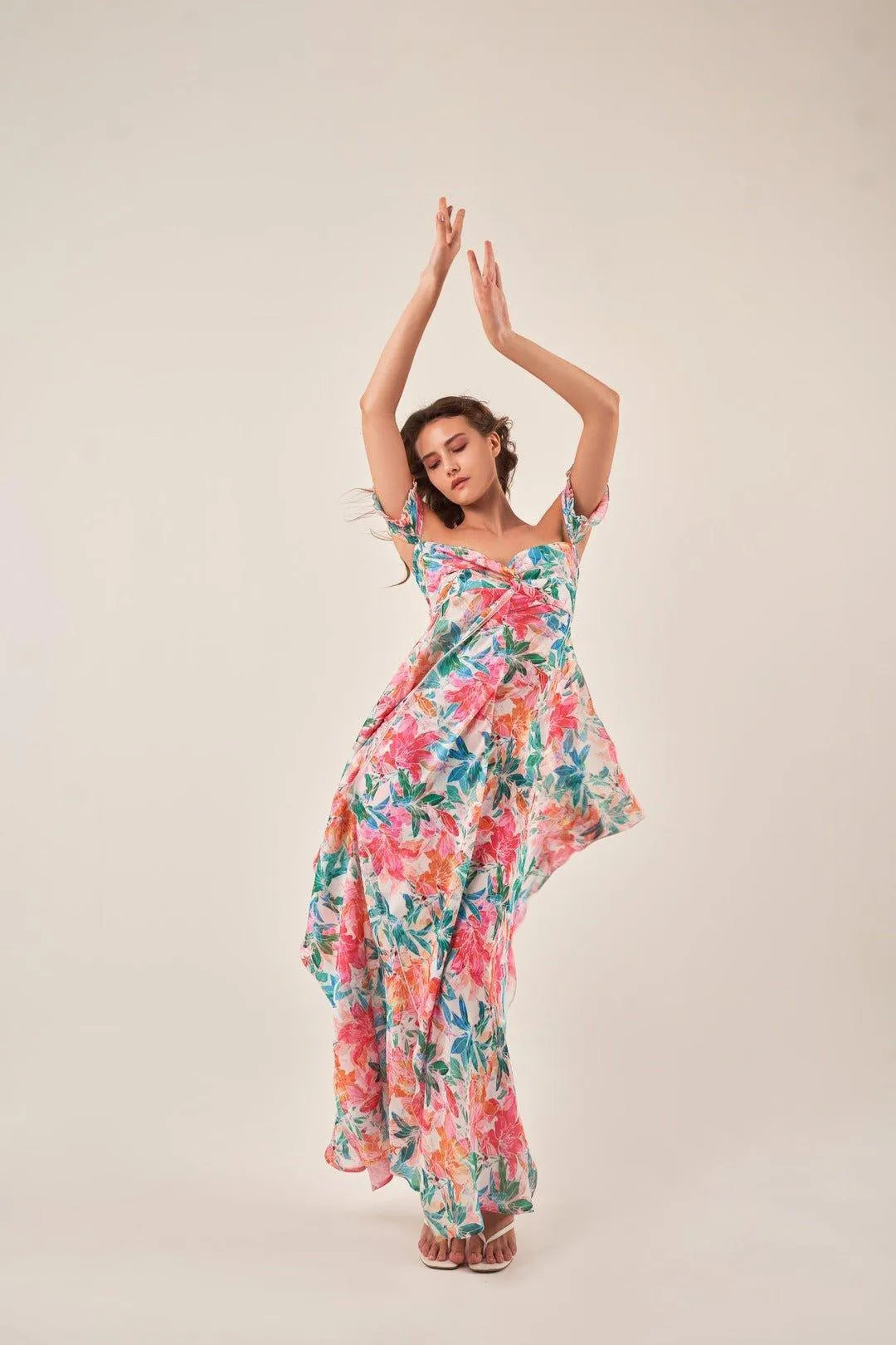 OFF-SHOULDER TROPICAL PRINT MAXI DRESS