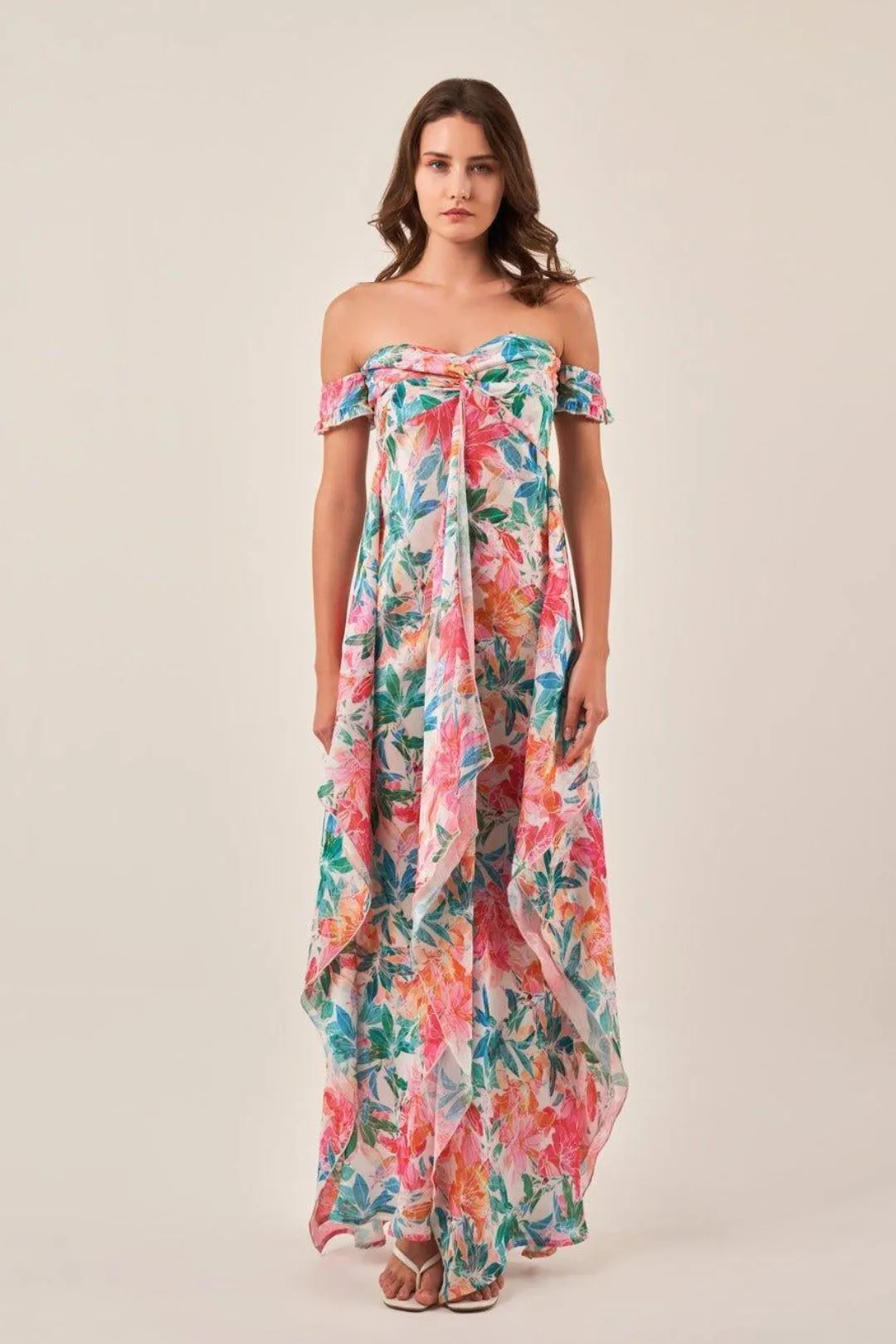 OFF-SHOULDER TROPICAL PRINT MAXI DRESS