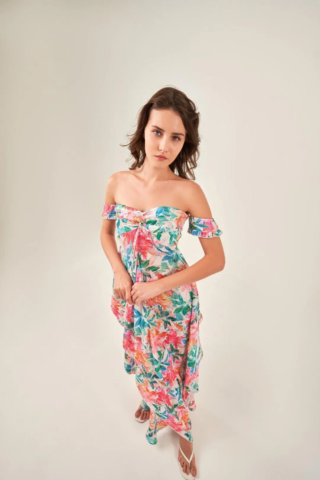 OFF-SHOULDER TROPICAL PRINT MAXI DRESS