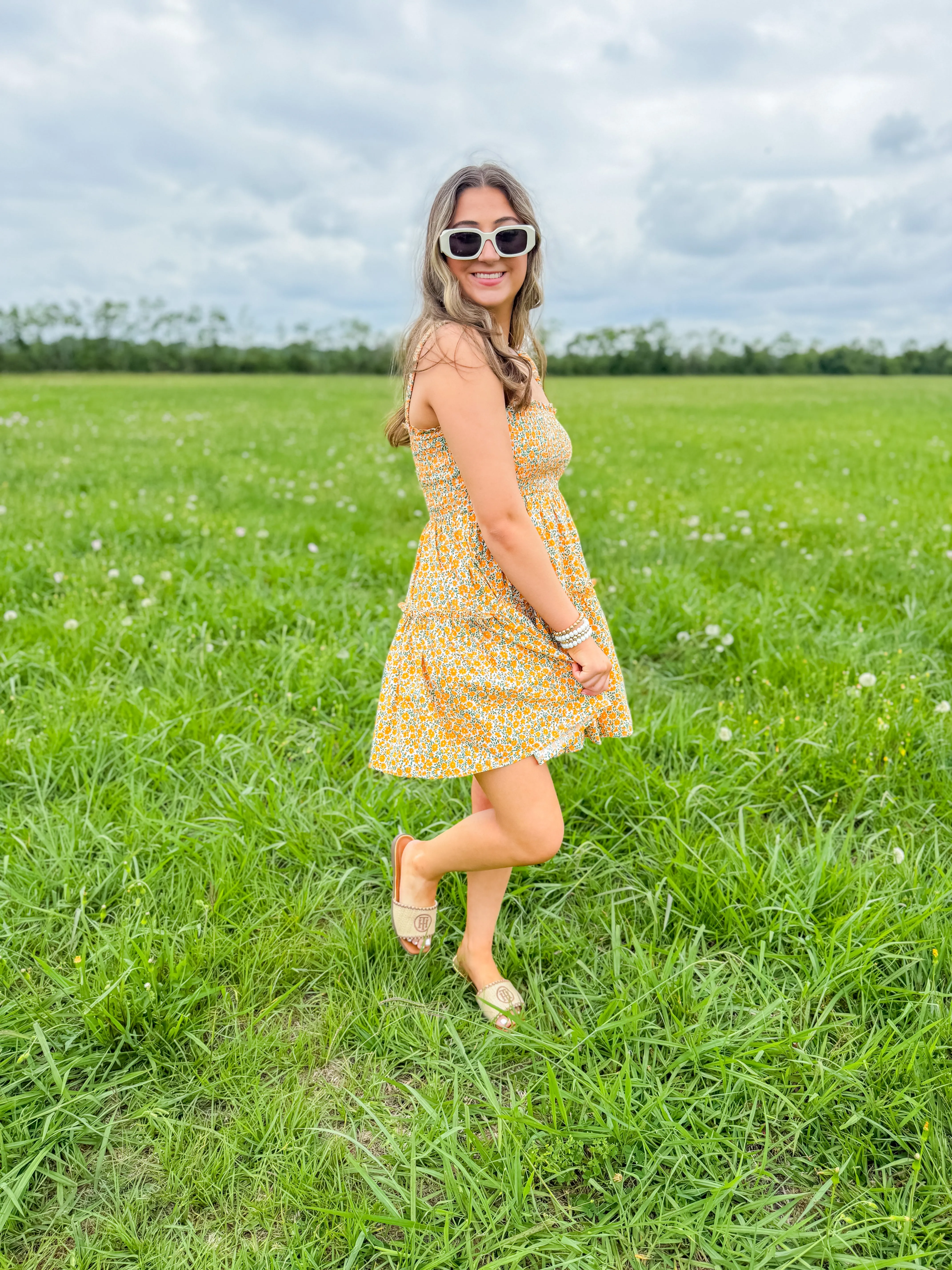 Orange Floral Print Smock Ruffle Mini Babydoll Dress