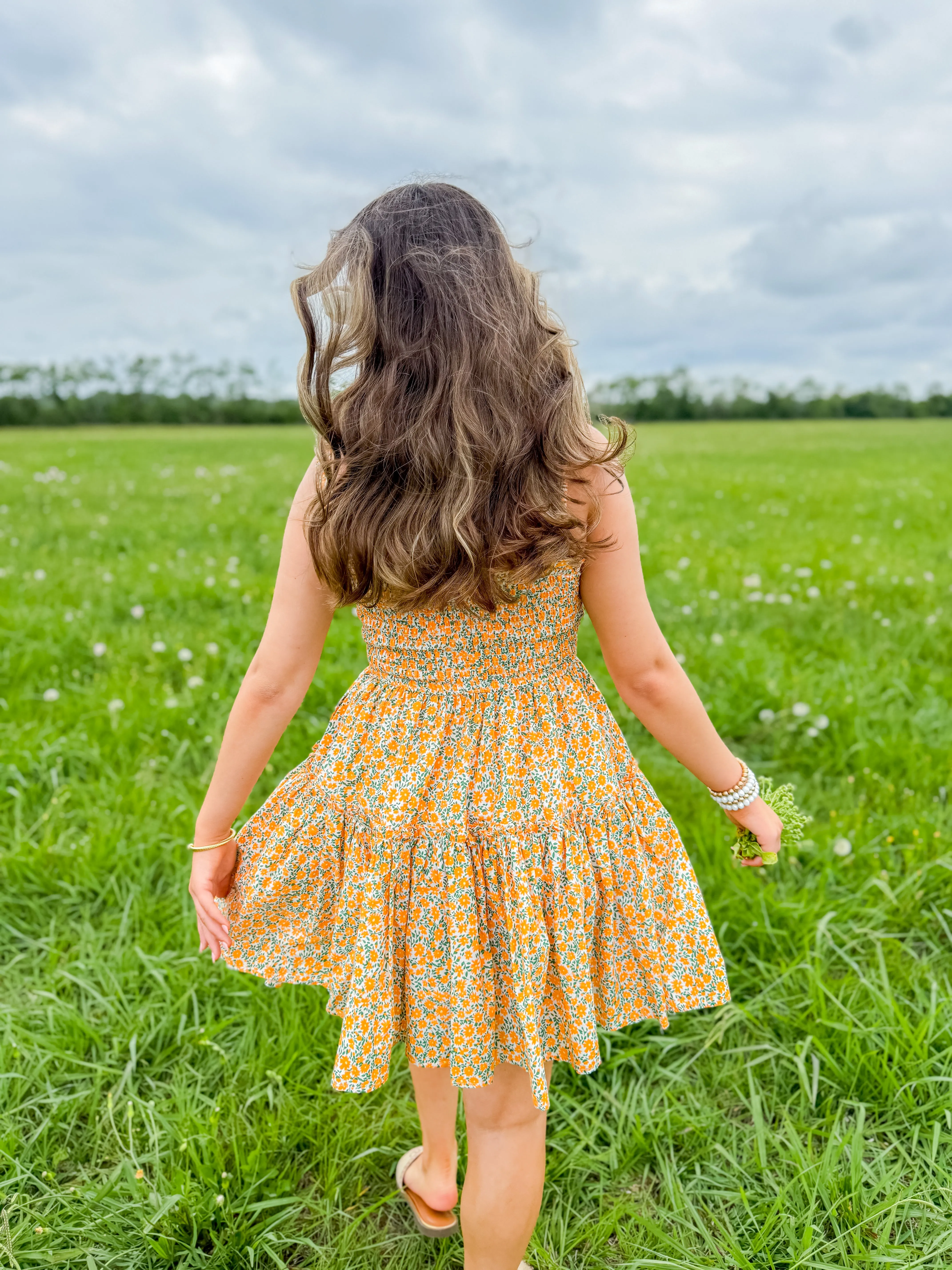 Orange Floral Print Smock Ruffle Mini Babydoll Dress