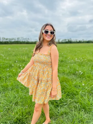 Orange Floral Print Smock Ruffle Mini Babydoll Dress