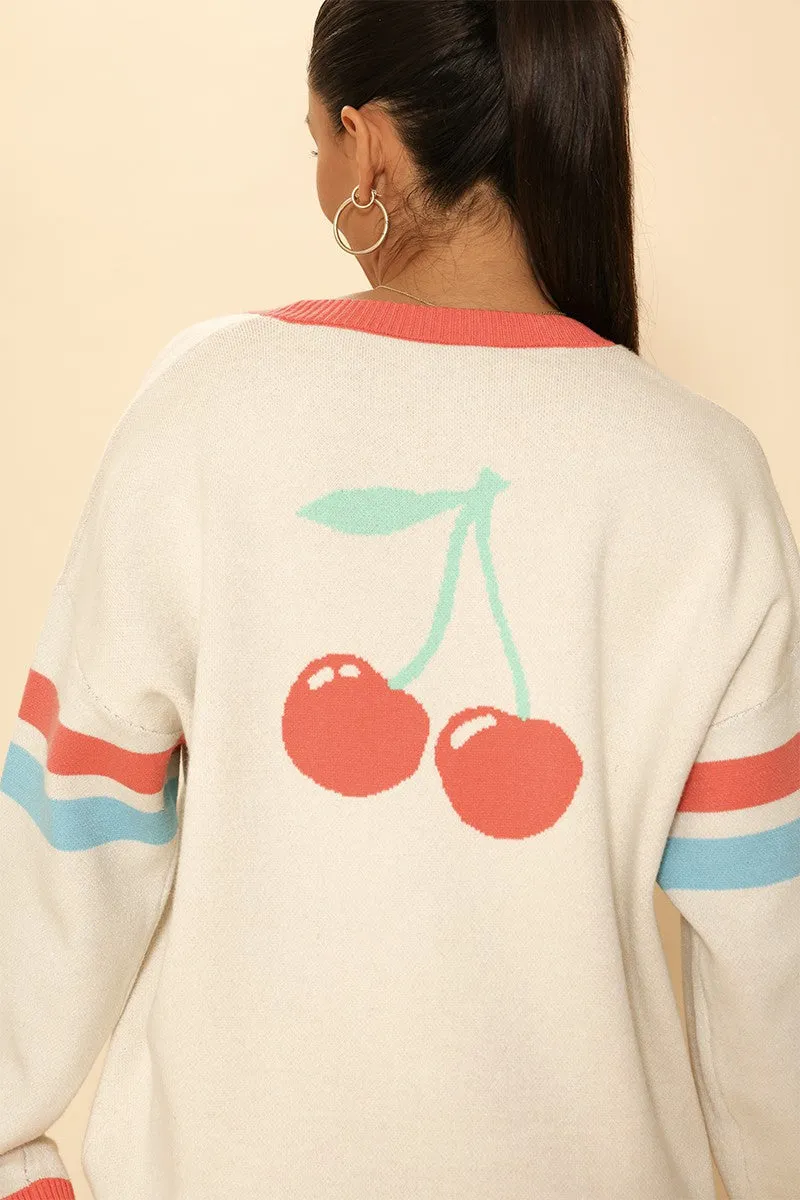 Oversized cherry varsity cardigan