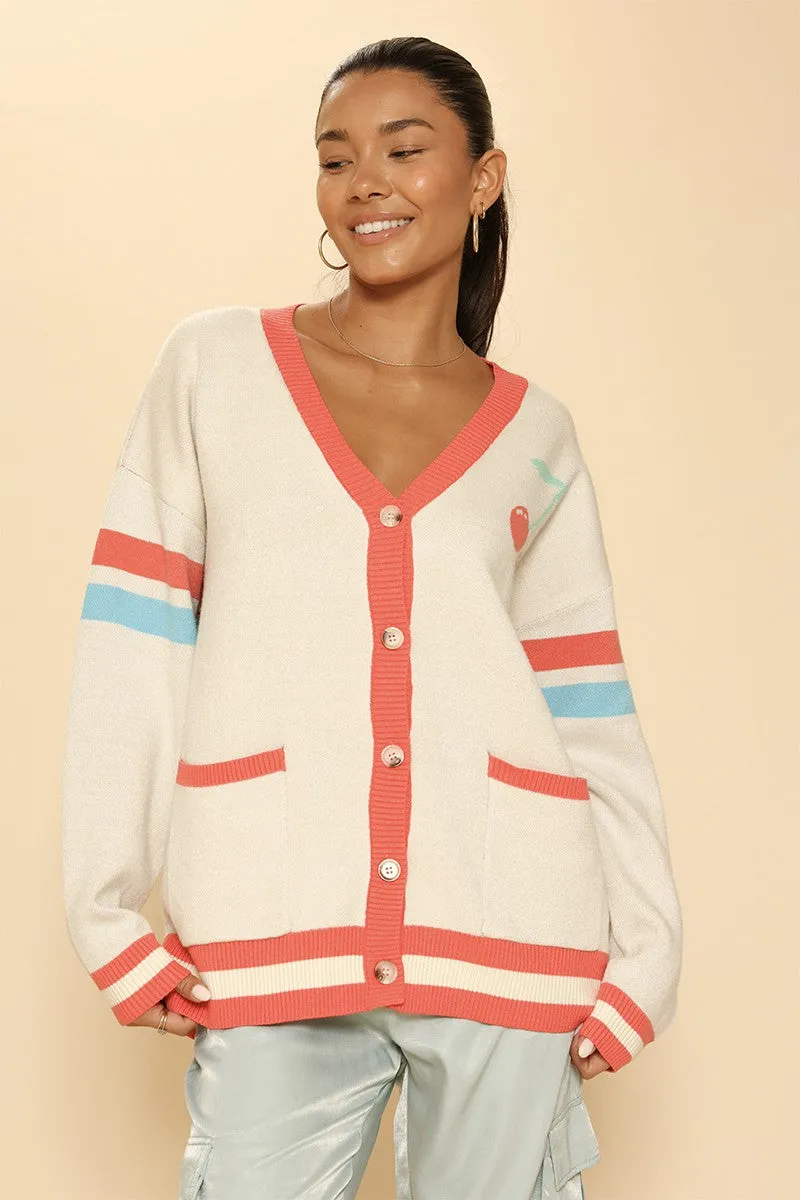 Oversized cherry varsity cardigan