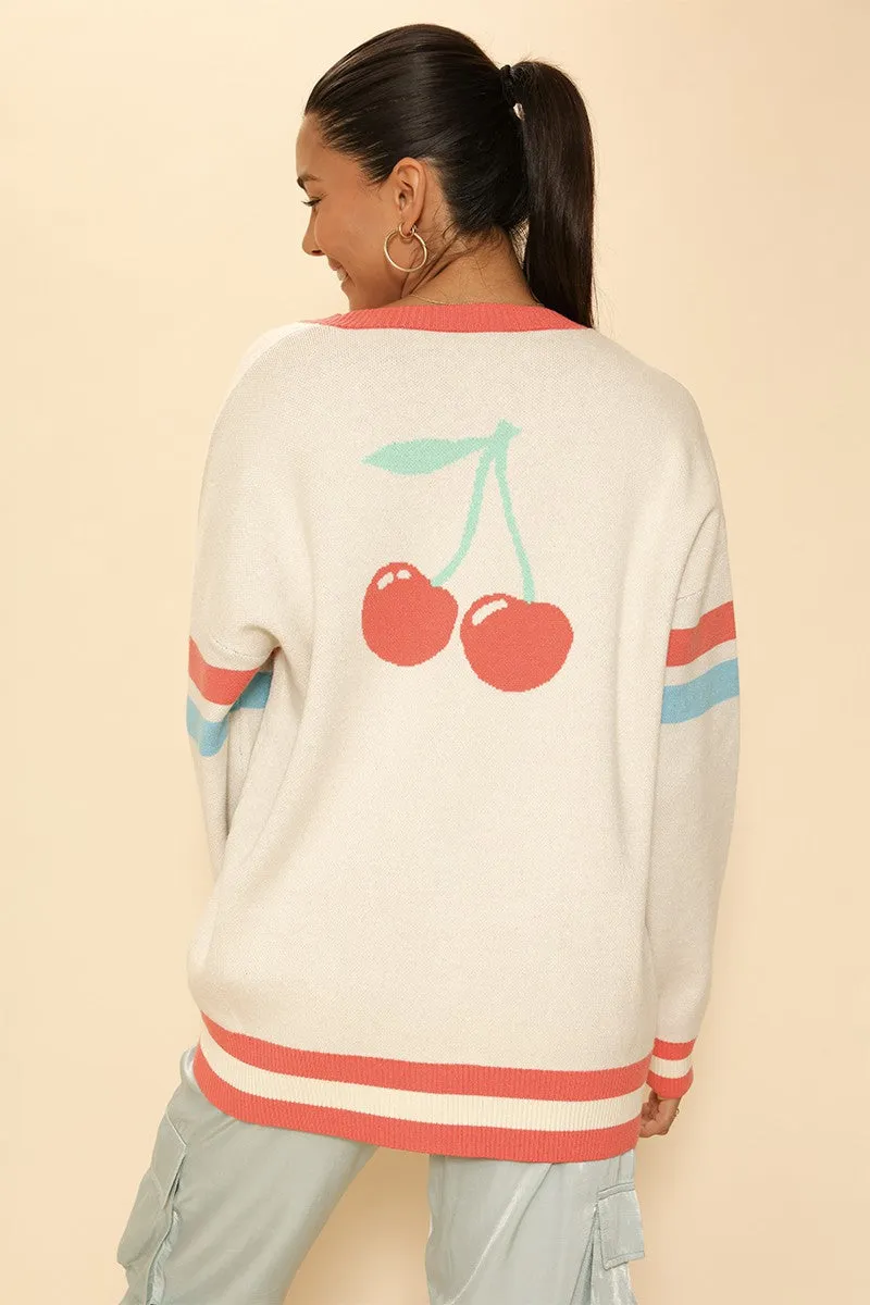 Oversized cherry varsity cardigan