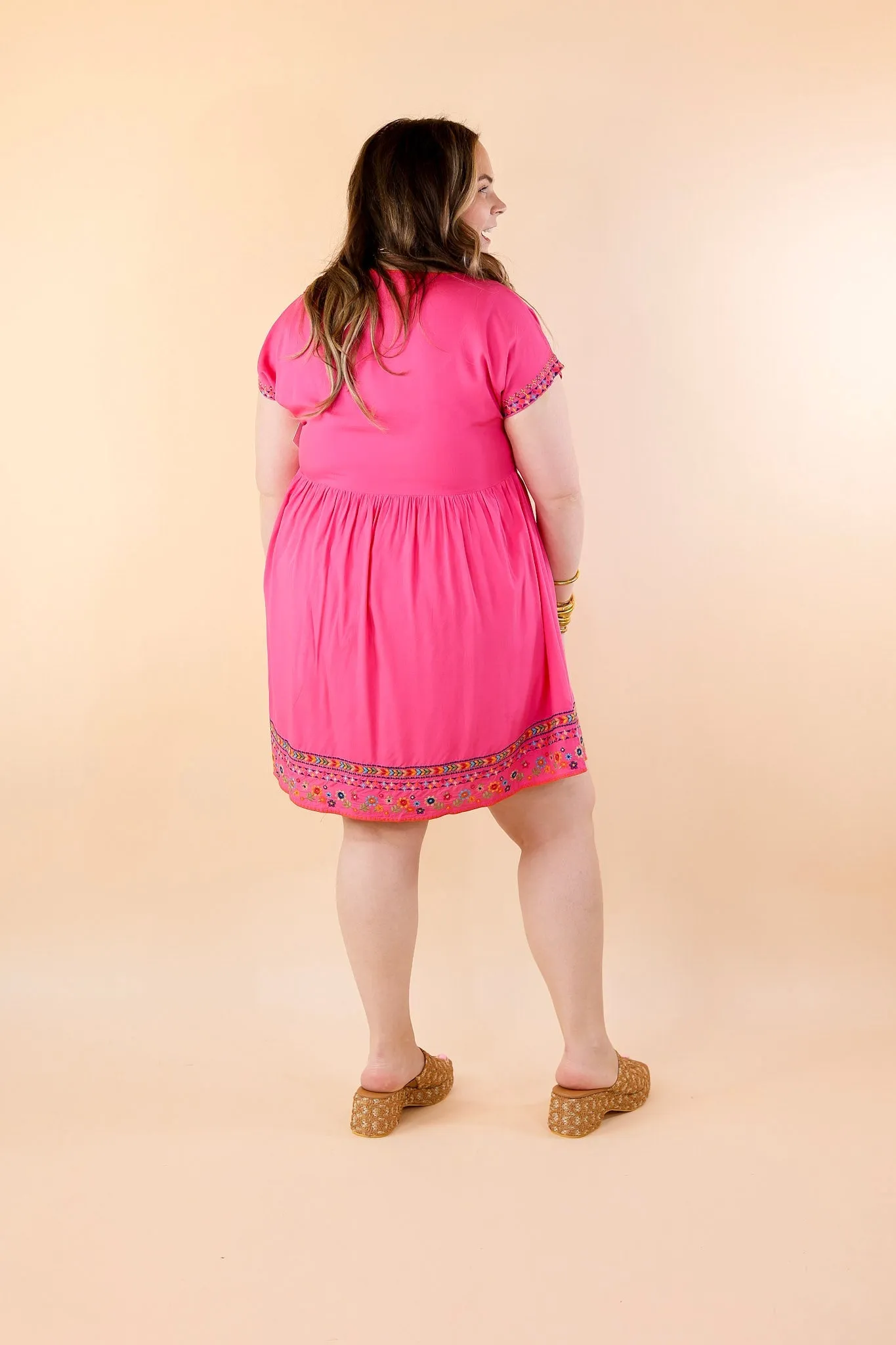 Passing Through V Neck Embroidered Dress with Short Sleeves in Pink