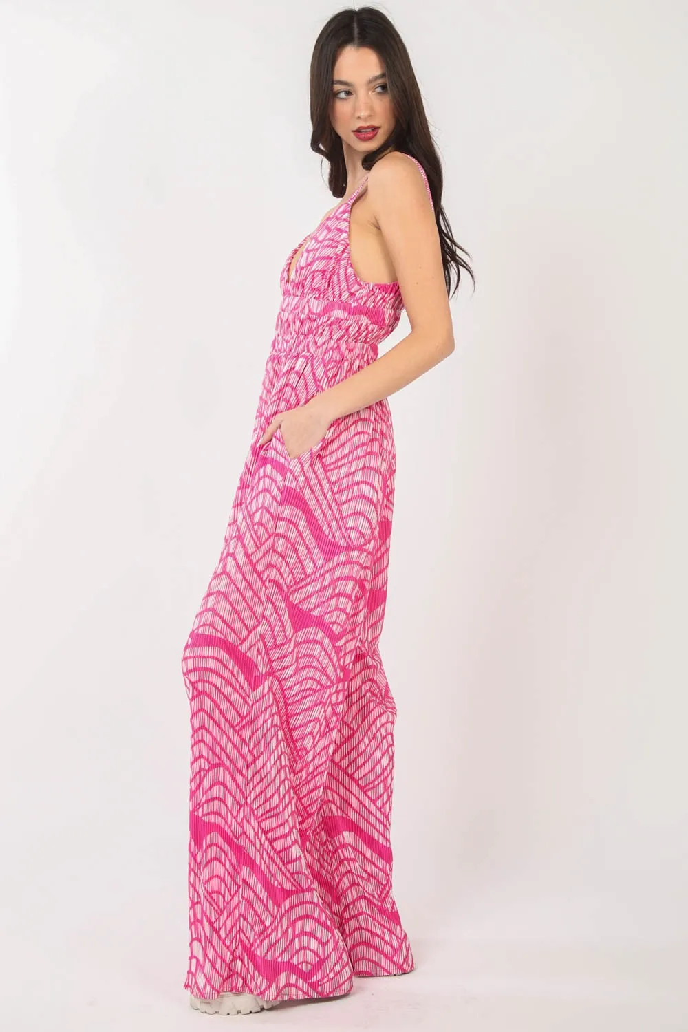 Pink Sleeveless Tropical Vacation Jumpsuit