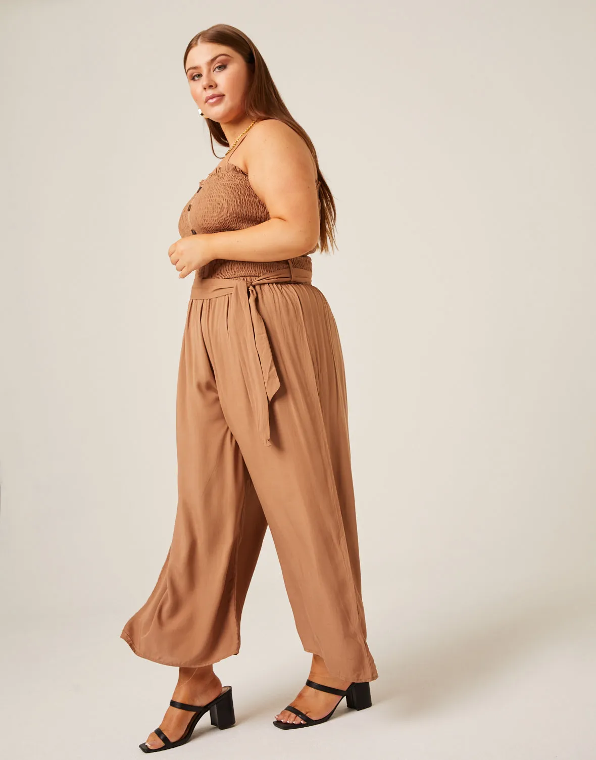 Plus Size Smocked Tie Belt Jumpsuit