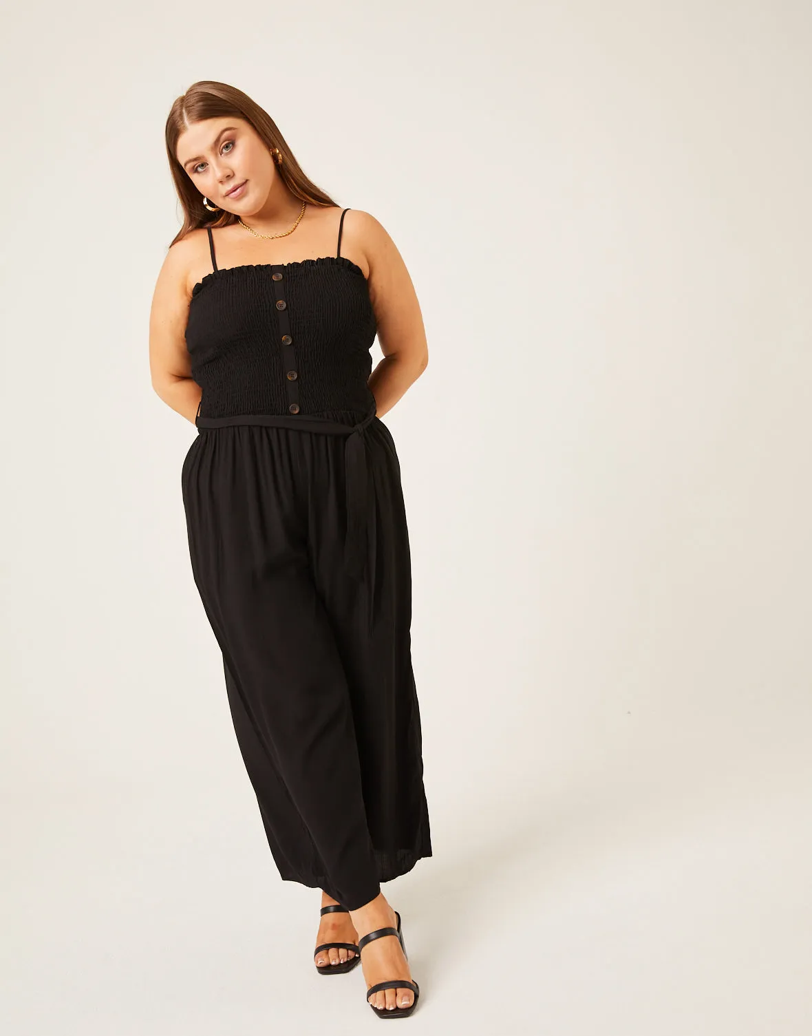 Plus Size Smocked Tie Belt Jumpsuit