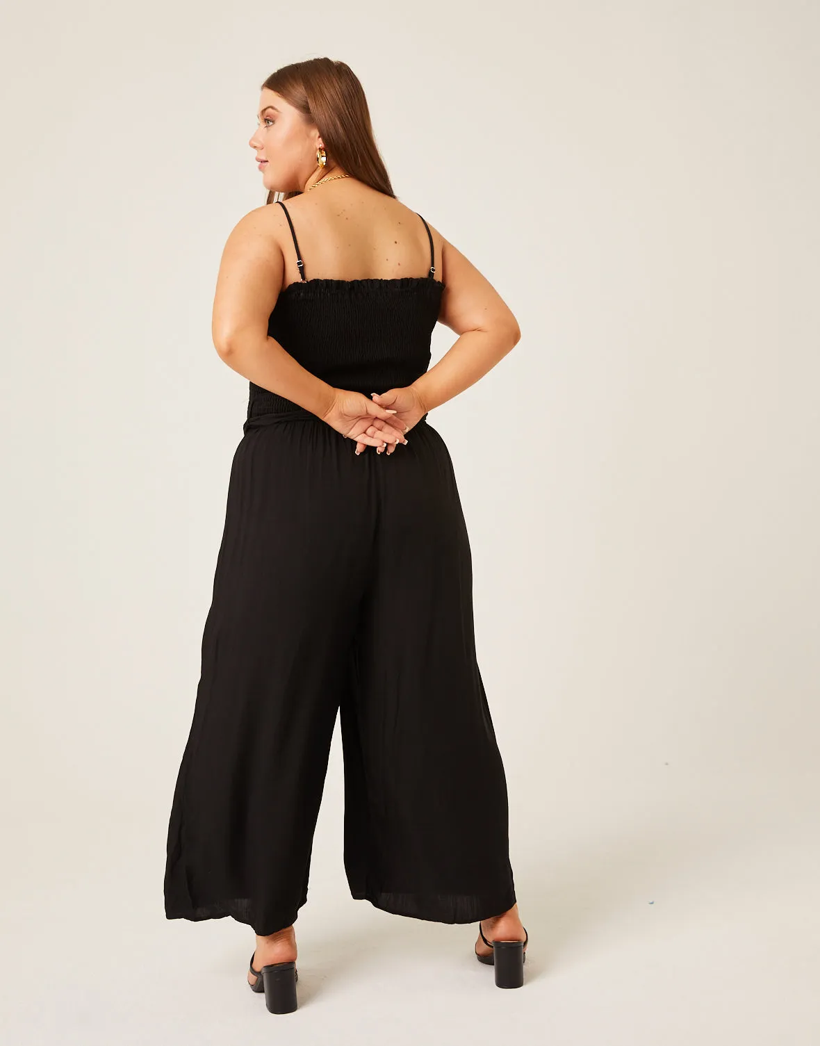 Plus Size Smocked Tie Belt Jumpsuit