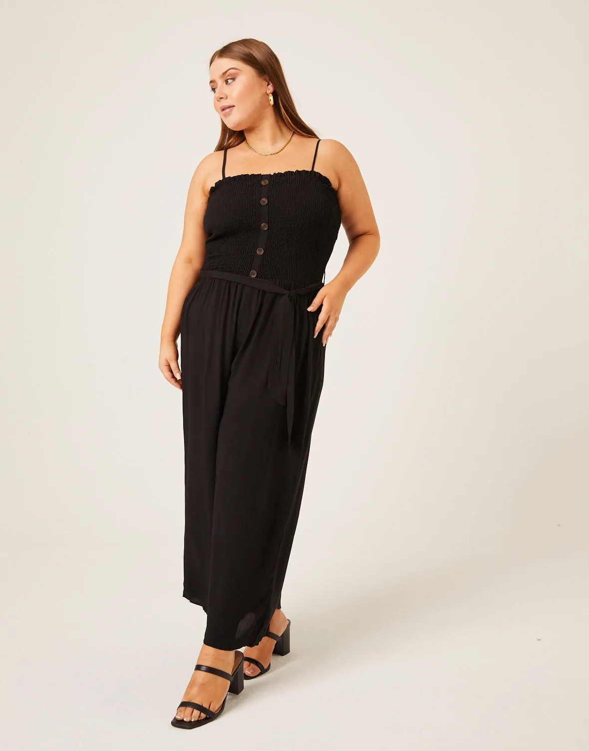 Plus Size Smocked Tie Belt Jumpsuit