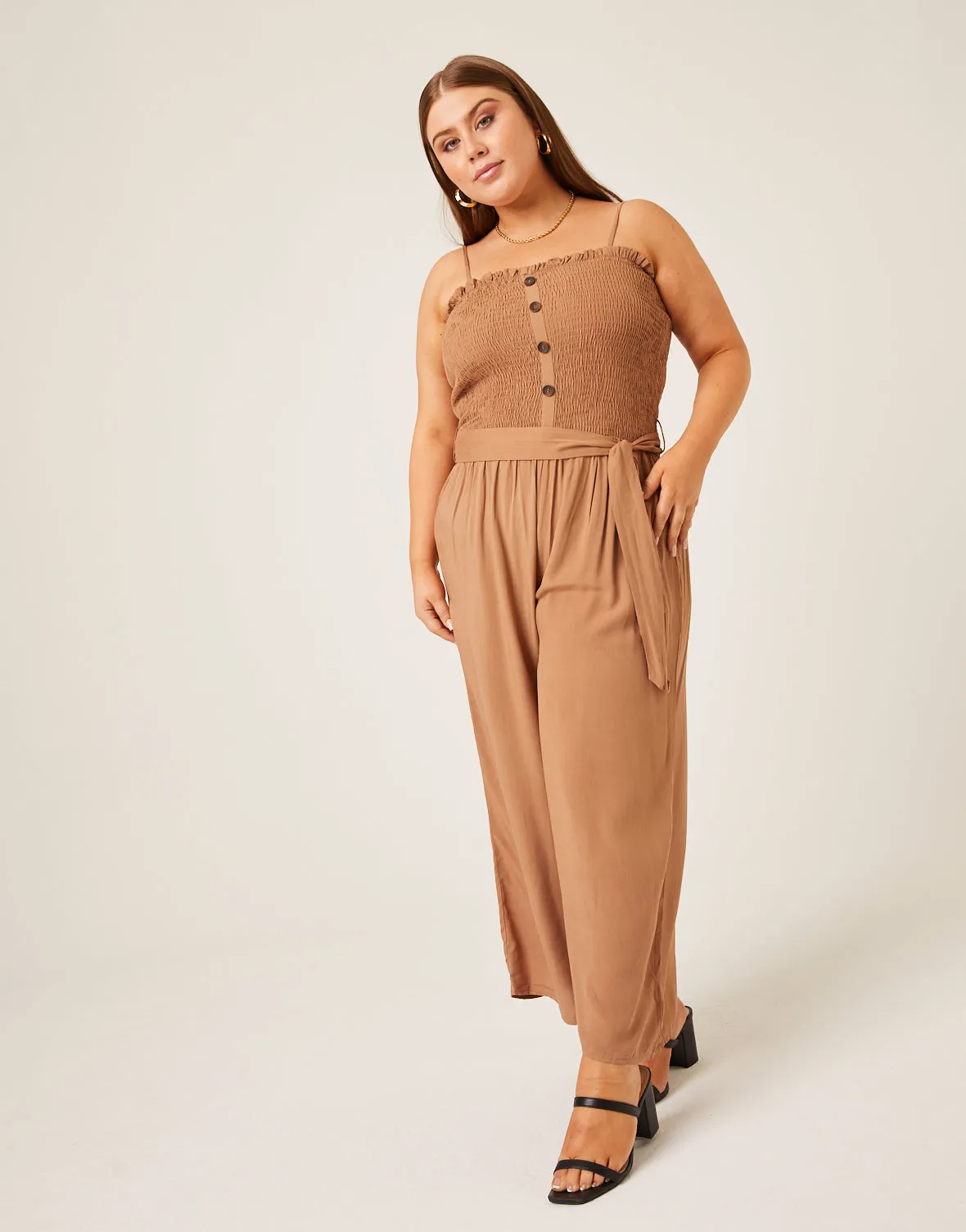 Plus Size Smocked Tie Belt Jumpsuit